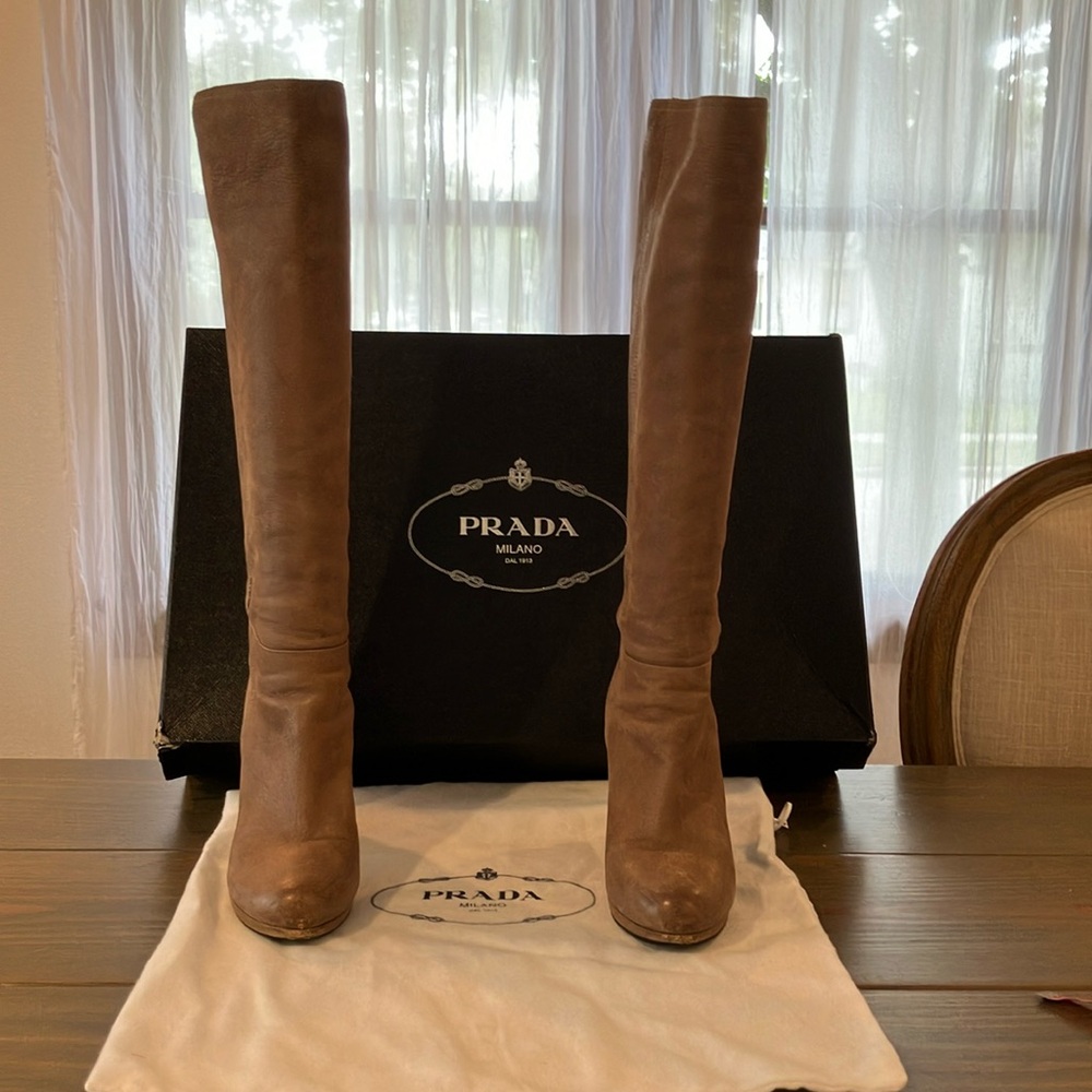 Prada platform high heel knee high leather boots